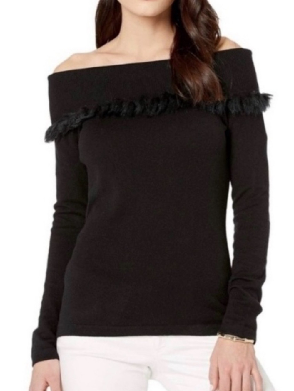 Lilly Pulitzer Alira Sweater Black Faux Fur Trim Collar Cashmere Blend